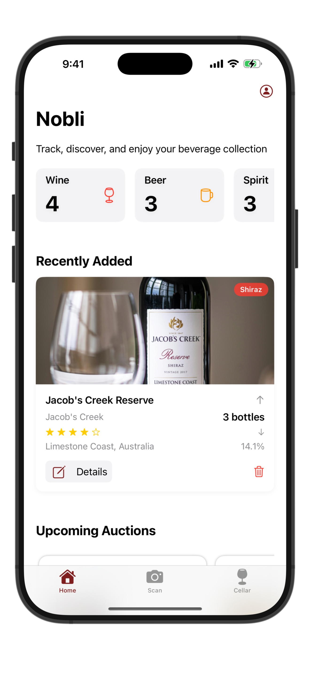 Nobli app screenshot showing AI bottle scanning interface